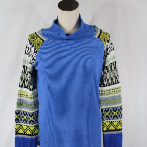 Free People Prism Mixed Media Top Sweater Blue Bell Combo Size Large Boho Winter - Picture 3 of 12
